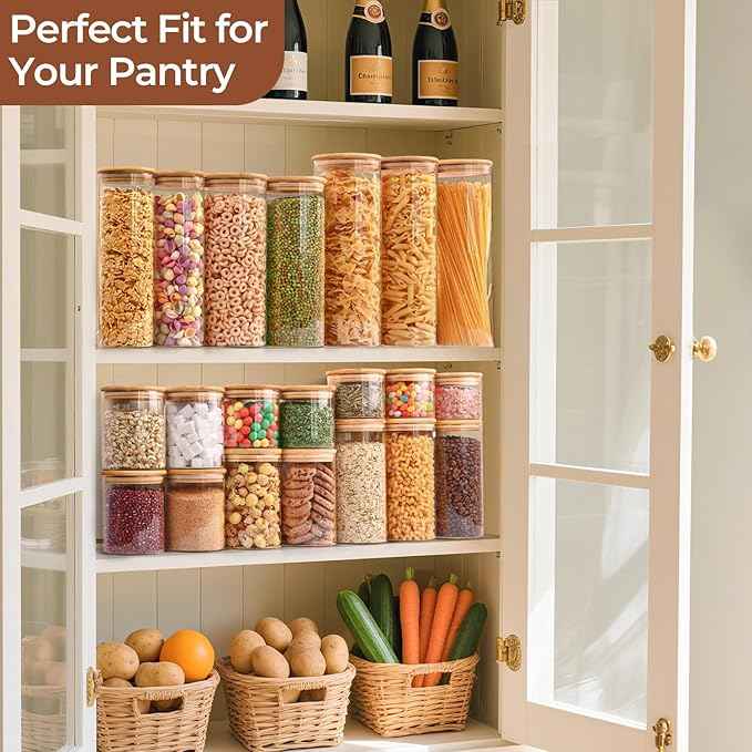 ComSaf Glass Spaghetti Pasta Storage Container with Lids 2 Qt Set of 3, Tall Clear Airtight Food Storage Jar with Wood Cover Kitchen Pantry Storage Container for Noodles Flour Cereal Coffee Beans