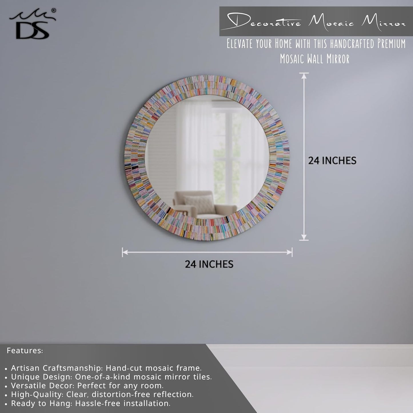 Bohemian Rainbow Wall Mirror -Glass Mosaic Mirror Decorative Wall Mirror, Multi Color Spectrum Wall Mountable, 24" Multi-Color Round Framed Mirror