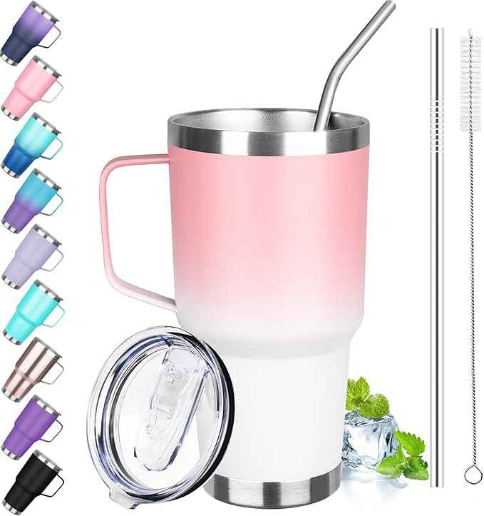 30 oz Stainless Steel Insulated Tumbler with Handle, Double Wall Vacuum Insulated Coffee Mug Tumbler, Thermal Cup for Cold and Hot (Pink White)