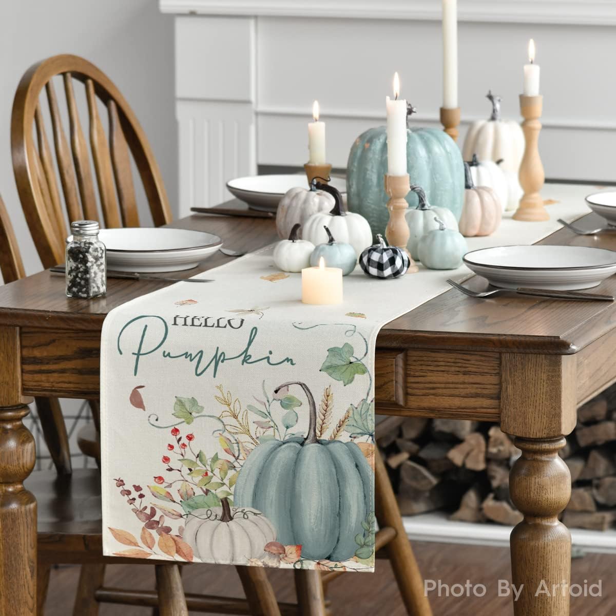 Artoid Mode Aqua Hello Pumpkin Leaves Fall Table Runner, Seasonal Autumn Kitchen Dining Table Decoration for Home Party Decor 13x60 Inch