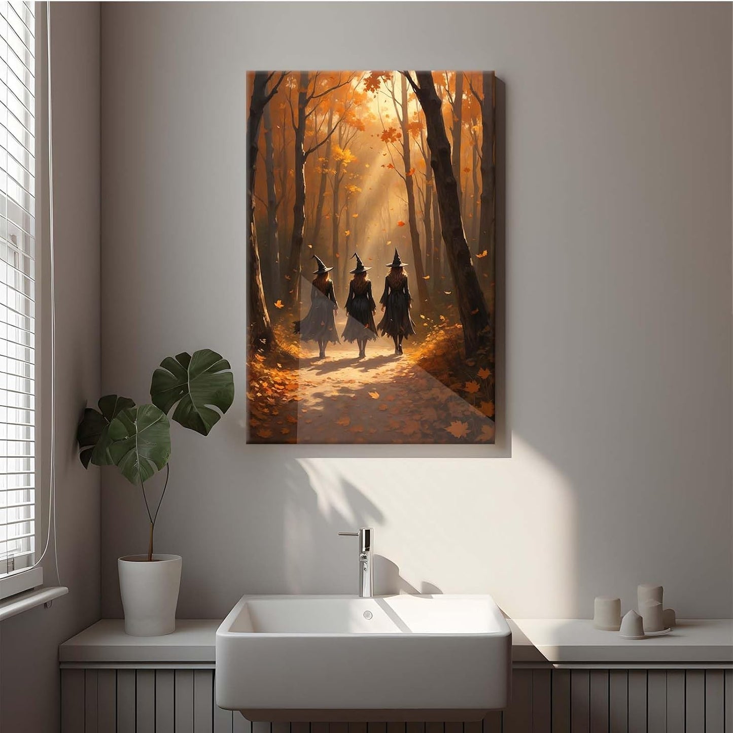JFHCQJPK Three witches walking in the forest in autumn canvas painting gothic poster halloween print country witch wall art for home decoration12x16in Frameless