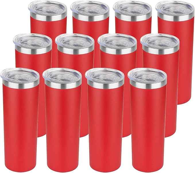 HASLE OUTFITTERS 20 oz Skinny Tumblers Bulk Set, Stainless Steel Insulated Slim Tumblers with Lids, Reusable Double Wall Travel Coffee Mugs, Durable Powder Coated Travel Water Cups(Red, 12)