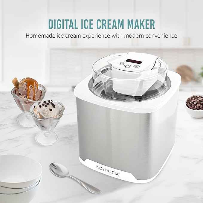 Nostalgia 2-Quart Electric Ice Cream Maker – Make Homemade Ice Cream, Gelato, Sorbet & Frozen Yogurt – No Salt/Ice Needed, Digital Controls, Mix-In Chute & Freezing Gel Canister – Stainless & White