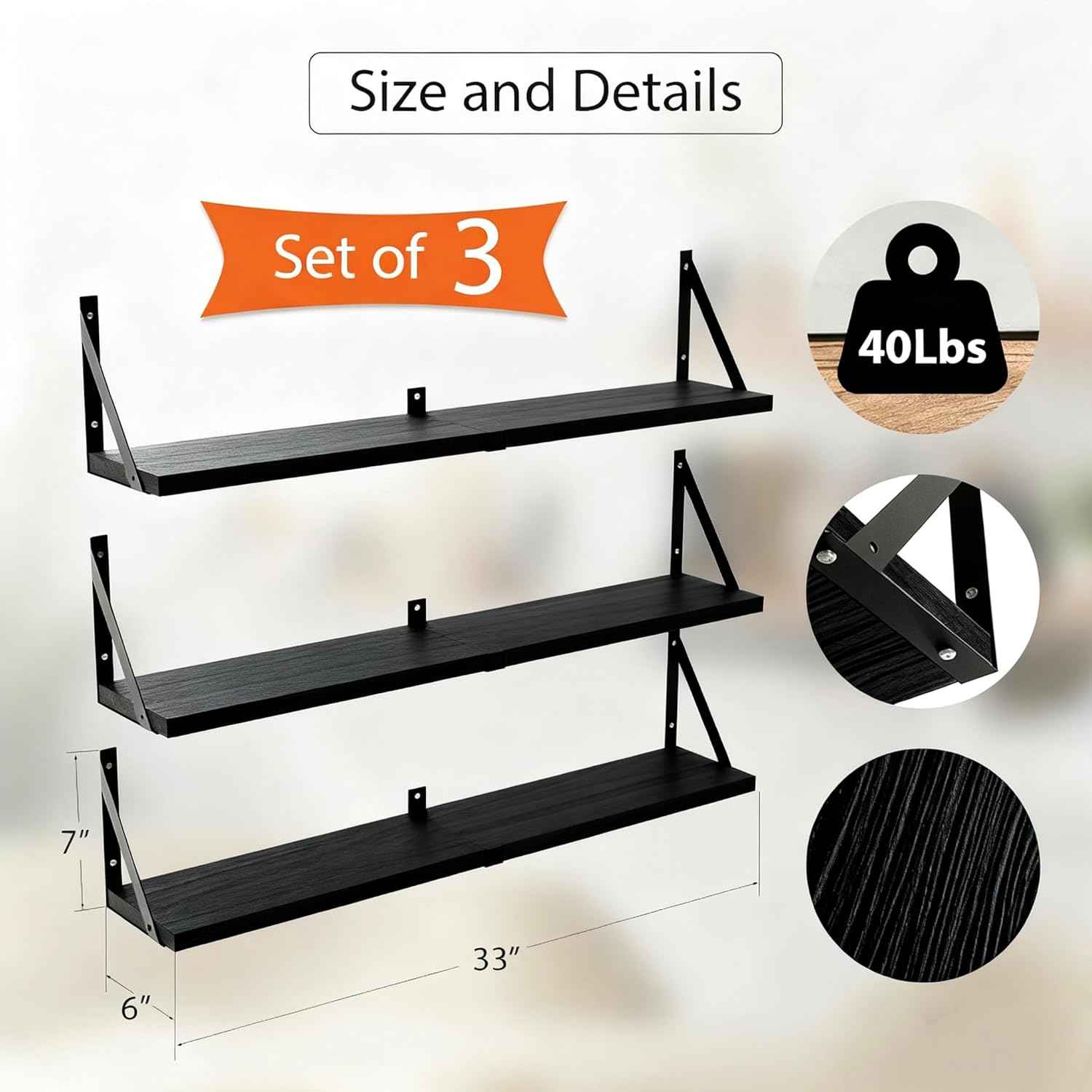 Floating Book Shelves Set of 3, Wall Bookshelf, 33 inch Long Wood Shelf for Wall Storage, Hanging Shelving for Bedroom, Bathroom, Living Room, Kitchen, Office and Plants (Black)