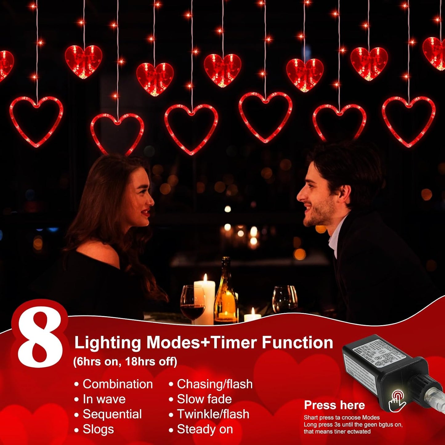 Valentines Day Decor,Red Heart-Shaped String Lights 12 Hearts 138 LED Fairy Light 8 Lighting Modes Connectable Window Curtain Lights for Bedroom Valentine's Day Wedding Home Anniversaries Party Decor