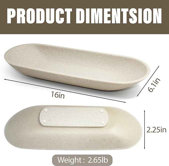 LIN CHUAN Large Decorative Bowl for Home Decor - Long Dough Bowl with Anti Slip Base for Table Centerpieces - Beige Minimalist Design Dough Decor Bowl for Coffee Table, Dining Table Centerpiece