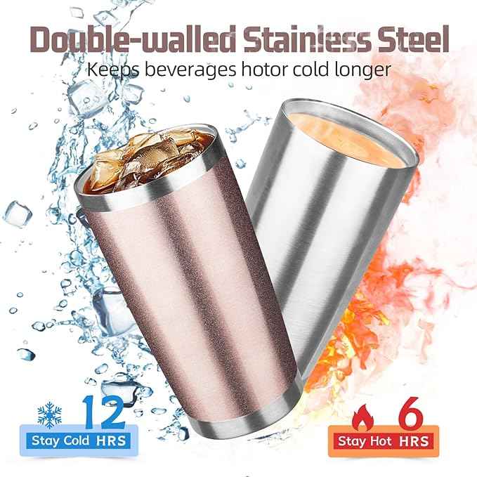 20 oz Tumbler with Lids and Straws, Stainless Steel Insulated Travel Coffee Mug, Double Wall Vacuum Insulated Tumblers, Powder Coated Coffee Tumbler for Cold & Hot Drinks (Rose Gold,4pack)