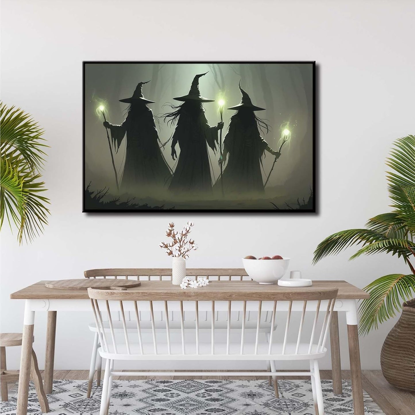 JFHCQJPK Vintage 3 witches canvas wall decor melancholy dark Halloween poster wall decor holding a staff print Gothic horror Halloween painting print for living room bedroom24x36in Metal blackFramed