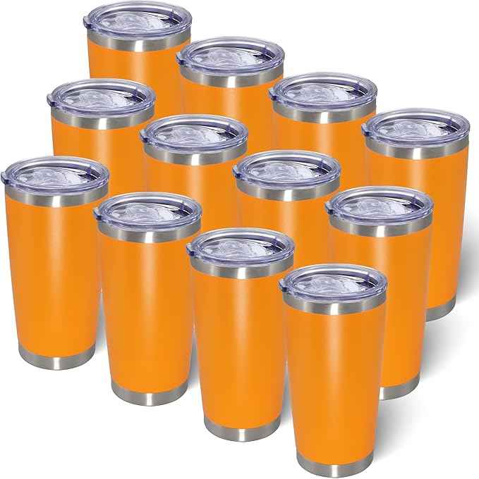 AIANJI 20oz Tumbler Bulk Stainless Steel Tumblers with Lid Vacuum Insulated Double Wall Travel Coffee Mug Powder Coated Tumbler Cup for Hot and Cold Drinks(Orange, 12 pack)