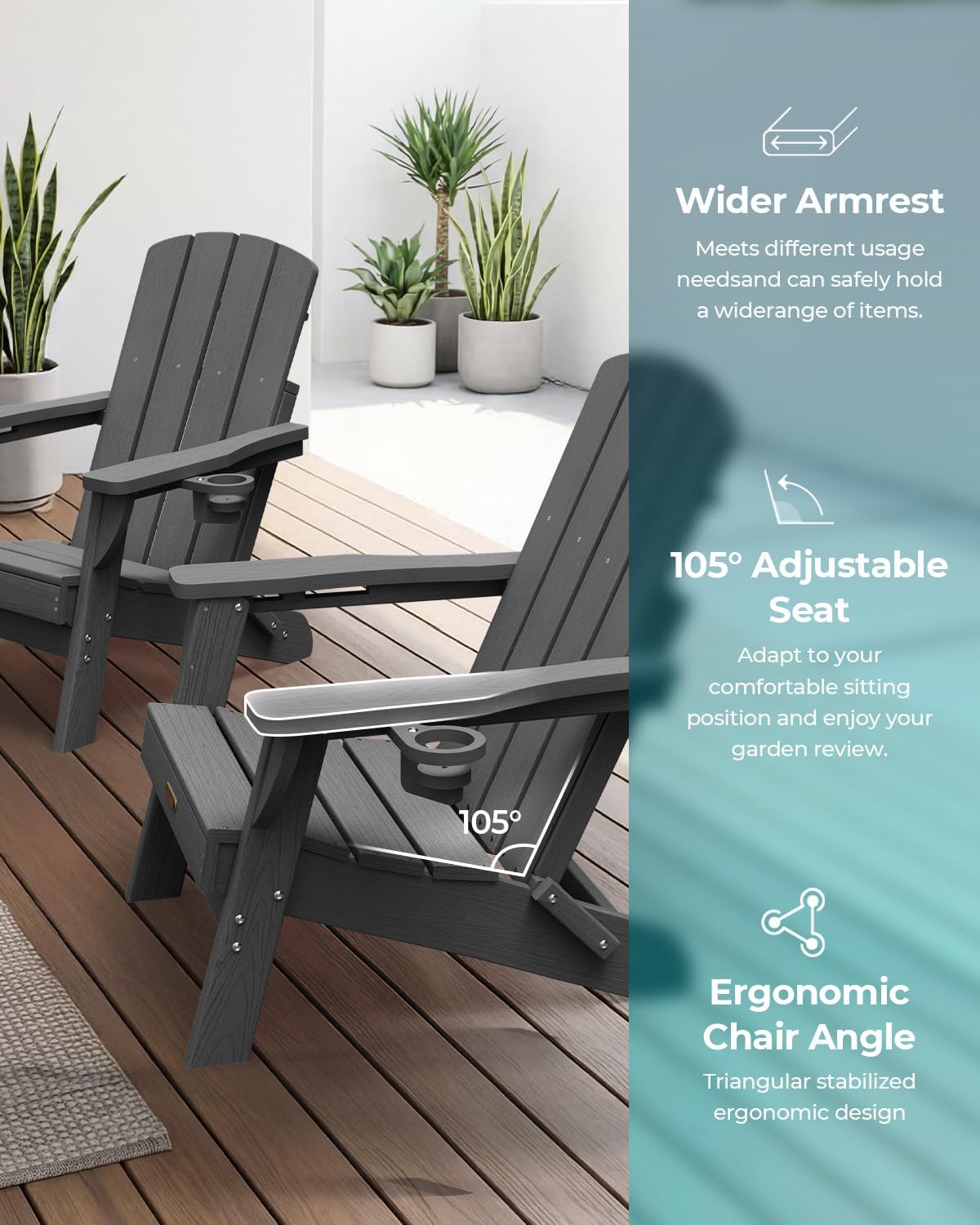 Folding Adirondack Chair, HDPE All-Weather Fire Pit Chairs, Plastic Adirondack Chairs with 2 Cup Holder, Outdoor Lawn Chair for Patio Garden (Grey)