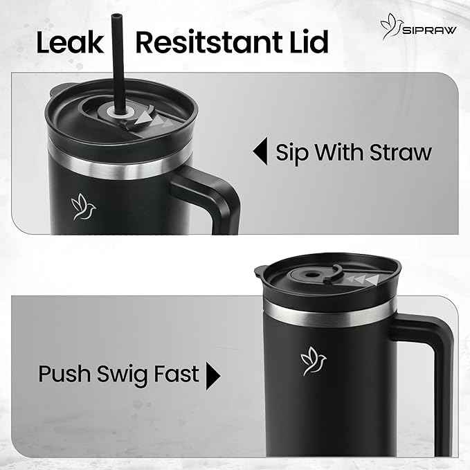 40oz Tumbler with Handle and Straw Insulated Stainless Steel Travel Mug Vacuum Double Wall Coffee Cup Leak Resistant Lid BPA-Free Cup Holder Friendly for Hot & Cold Drinks, Black