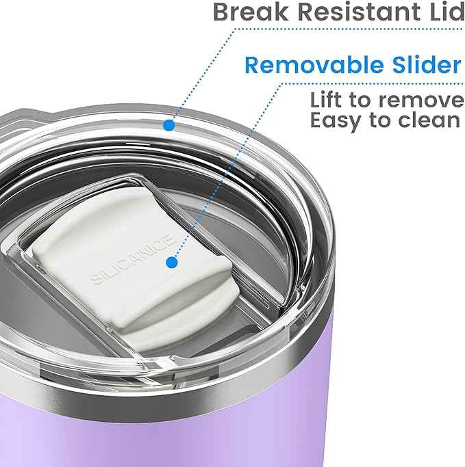 Coffee Tumbler 20 oz, Double Wall Stainless Steel Travel Coffee Mug with Removable Slider Lid, BPA Free, Car Cup Holder Compatible - Gym/Office/Travel/Home - Lilac