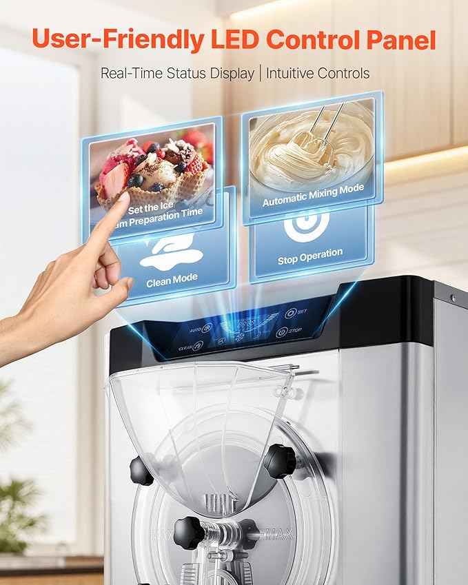 VEVOR Commercial Hard Ice Cream Machine, 2000W 3.17-5.28 Gal/Hour, Countertop Gelato Hard Serve Ice Cream Maker with 6L 304 Stainless Steel Cylinder, Auto Clean LED Panel for Snack Bar Restaurants