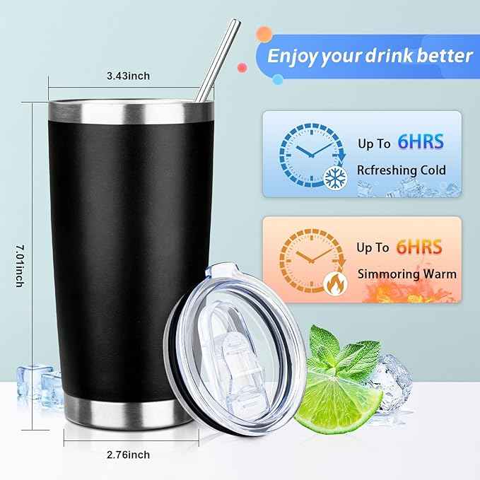 20oz Tumbler with Straw and Brush, Stainless Steel Vacuum Insulated tumbler, Double Wall Insulated Coffee Tumbler for Outdoor, Home, Travel,Office (Black,4pcs)