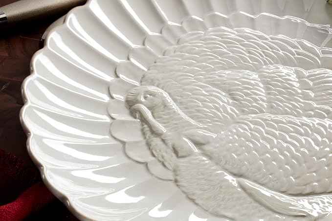 Lenox Serveware, Lenox French Perle Carved Turkey Platter, Scalloped, Oval, 18-Inch, Stoneware, Dishwasher Safe, Turkey Platter for Thanksgiving, Winter Hosting, Christmas Serving (White, 1 Piece)