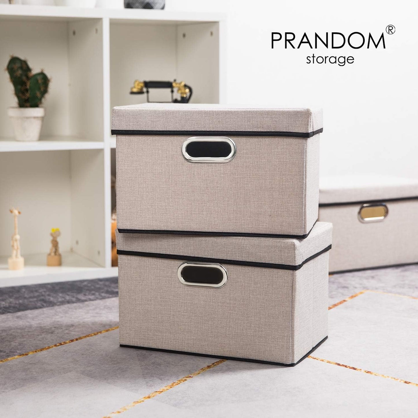 PRANDOM Foldable Storage Bin with Lid [5-Pack] Linen Fabric Decorative Storage Box Organizer Container Basket Cube with Handles Divider for Closet Office Living Room Light Grey(14.9x9.8x9.8)