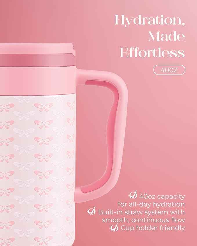 40 oz Insulated Tumbler with Handle and Push-Button Straw Lid, Stainless Steel Travel Cup for Gym Office, Leakproof, BPA-Free, Cup Holder Friendly, Bow Silicone Boot, Pink (Coquette Blush)