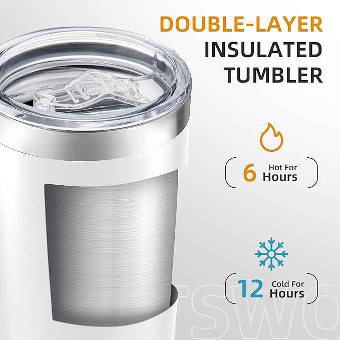20 oz Tumbler Bulk with Lid Stainless Steel Insulated Tumblers Double Wall Vacuum Coffee Mug Powder Coated Tumbler Cups for Cold and Hot Drinks, White, 12 pack
