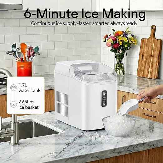 NEWBULIG Nugget Ice Makers Countertop, Portable Nugget Ice Machine, Ready in 6 Mins, 24lbs in 24Hrs, Auto-Cleaning, with Basket and Scoop, for Home, Kitchen, RV, Camping, White