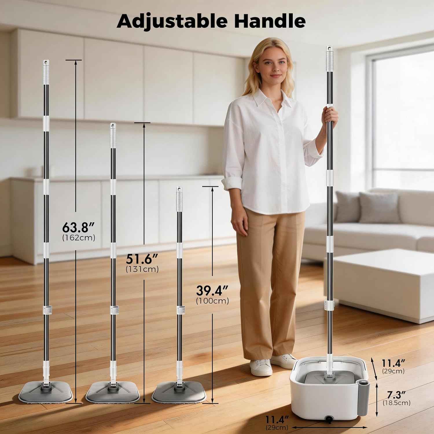 Masthome Spin Mop and Bucket with Wringer Set, Clean Dirty Water Separation, 360° Rotating Floor Mop with Adjustable Stainless Steel Handle, Reusable Pads for Hardwood Tile Laminate Home Cleaning