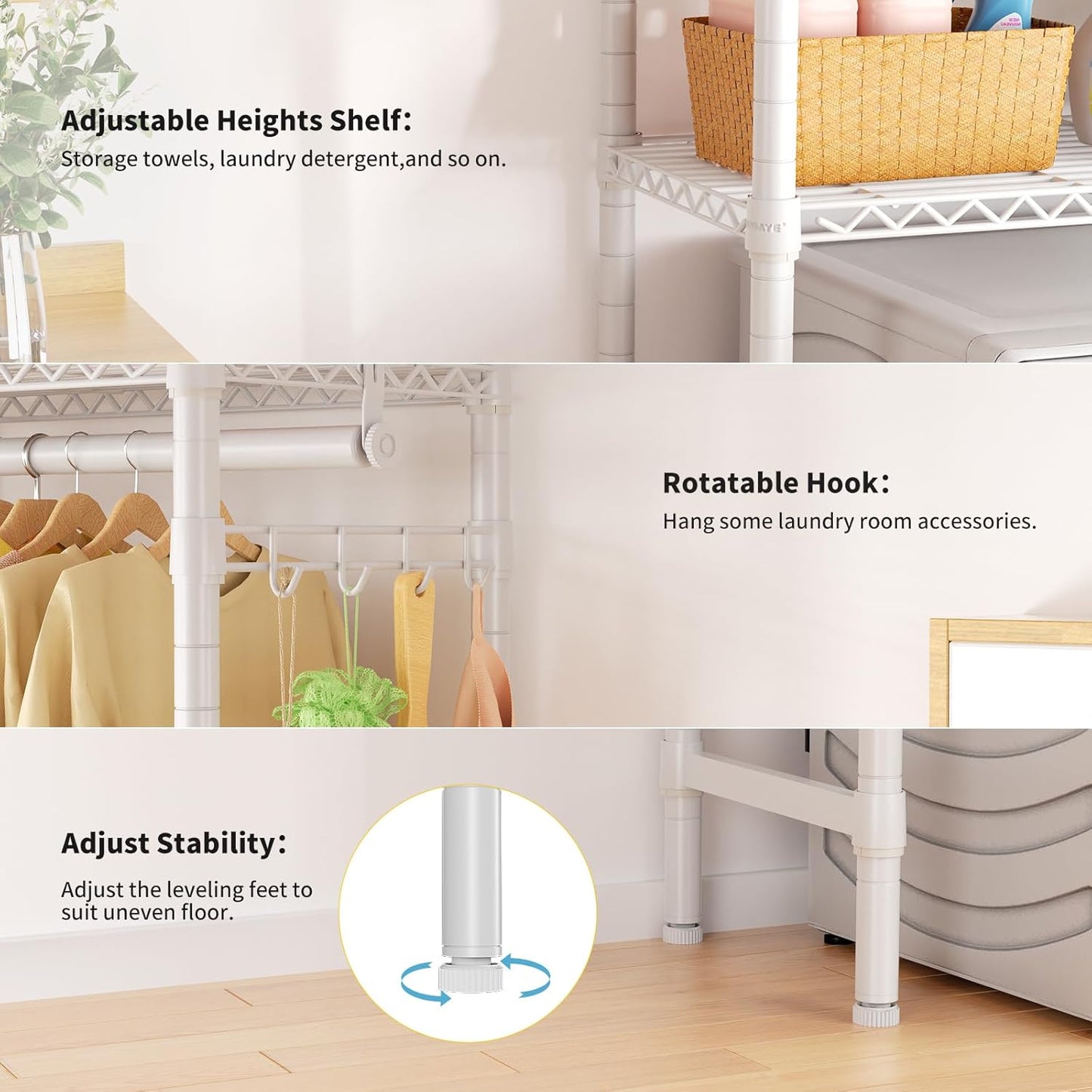 Over Washer and Dryer Shelves,2 Tier Adjustable Height Wire Shelving Laundry Room Storage Organization Clothes Drying Rack with Hanger Rod&Hooks,Space Saving Organizers Shelf,White - Lumora Casa