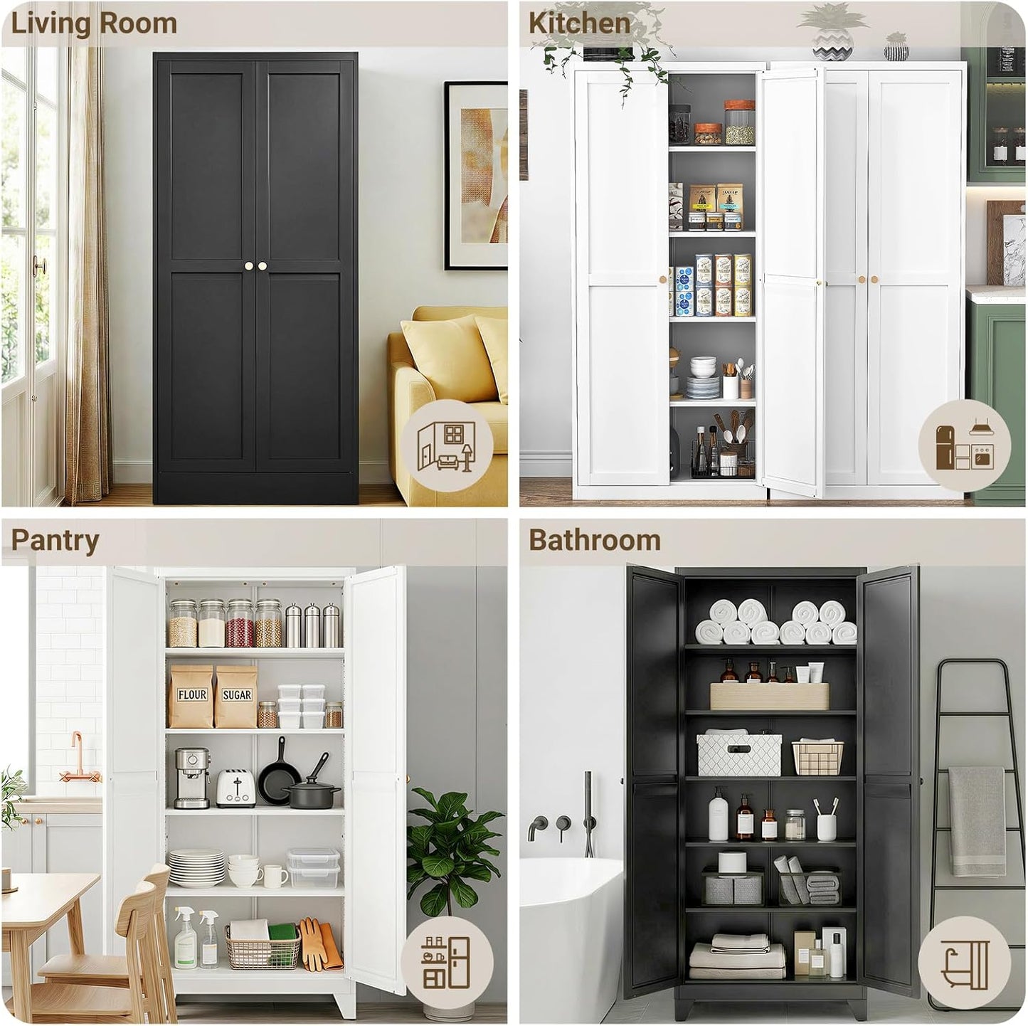 75" Tall Metal Kitchen Pantry Cabinet, Freestanding Steel Storage Cabinet with Doors, 5 Adjustable Shelves, for Dining Room, White