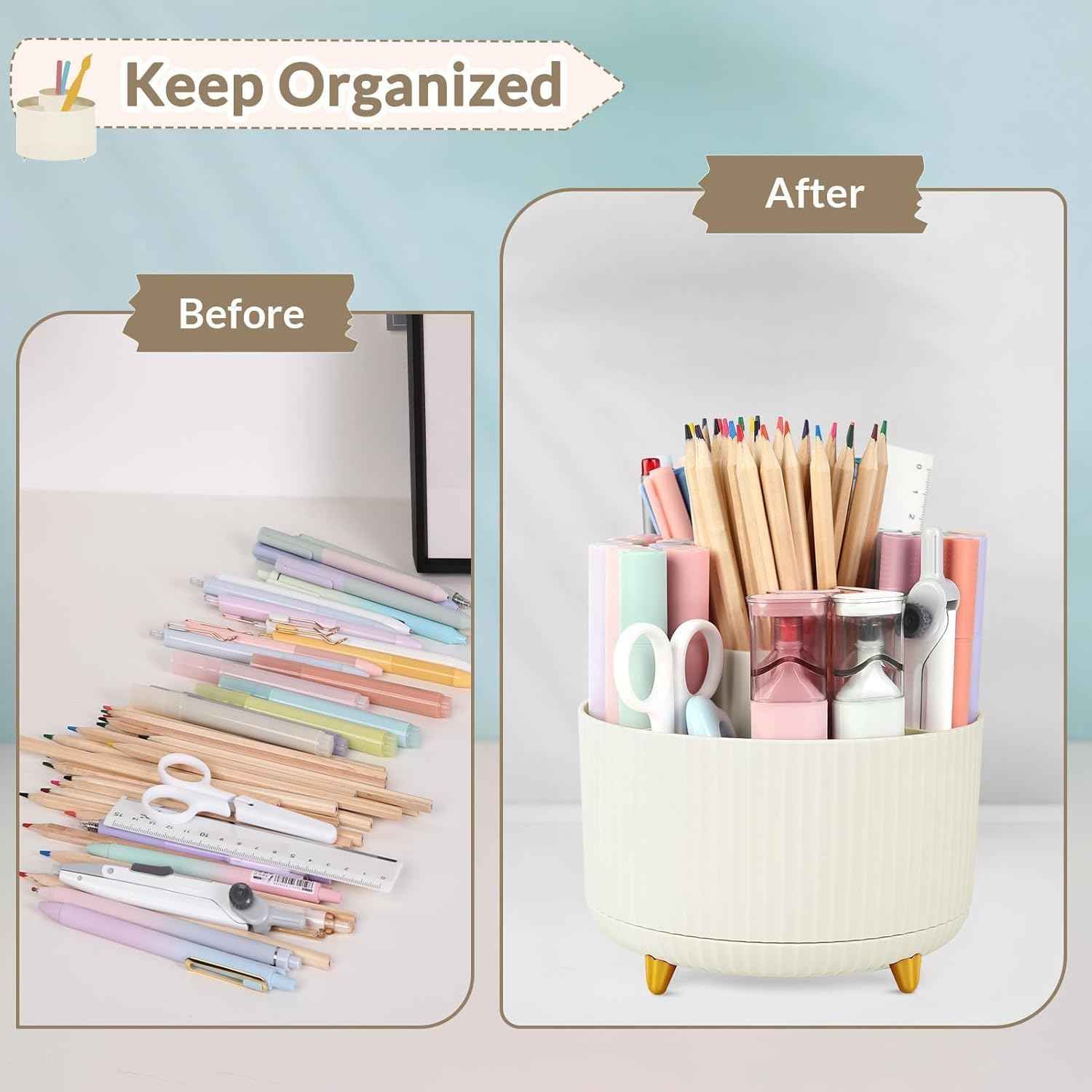 SKYDUE 360 Rotating Plastic Desk Pen Organizer with 5 Slots, Dual-Purpose Art Supply Pencil Cup for Office, School, Home