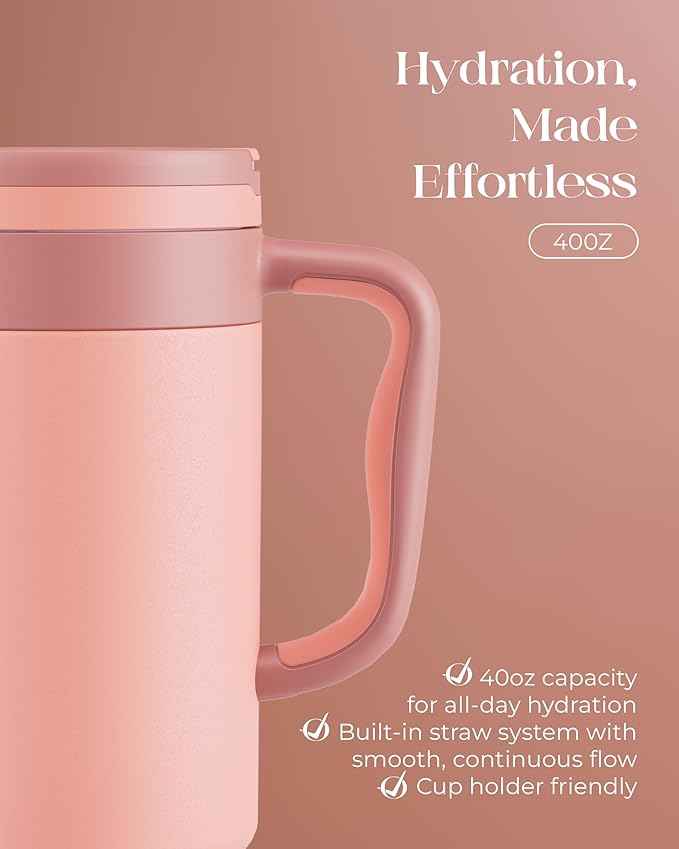 40 oz Insulated Tumbler with Handle and Push-Button Straw Lid, Stainless Steel Travel Cup for Gym Office, Leakproof, BPA-Free, Cup Holder Friendly, Bow Silicone Boot, (Peach Roasted)