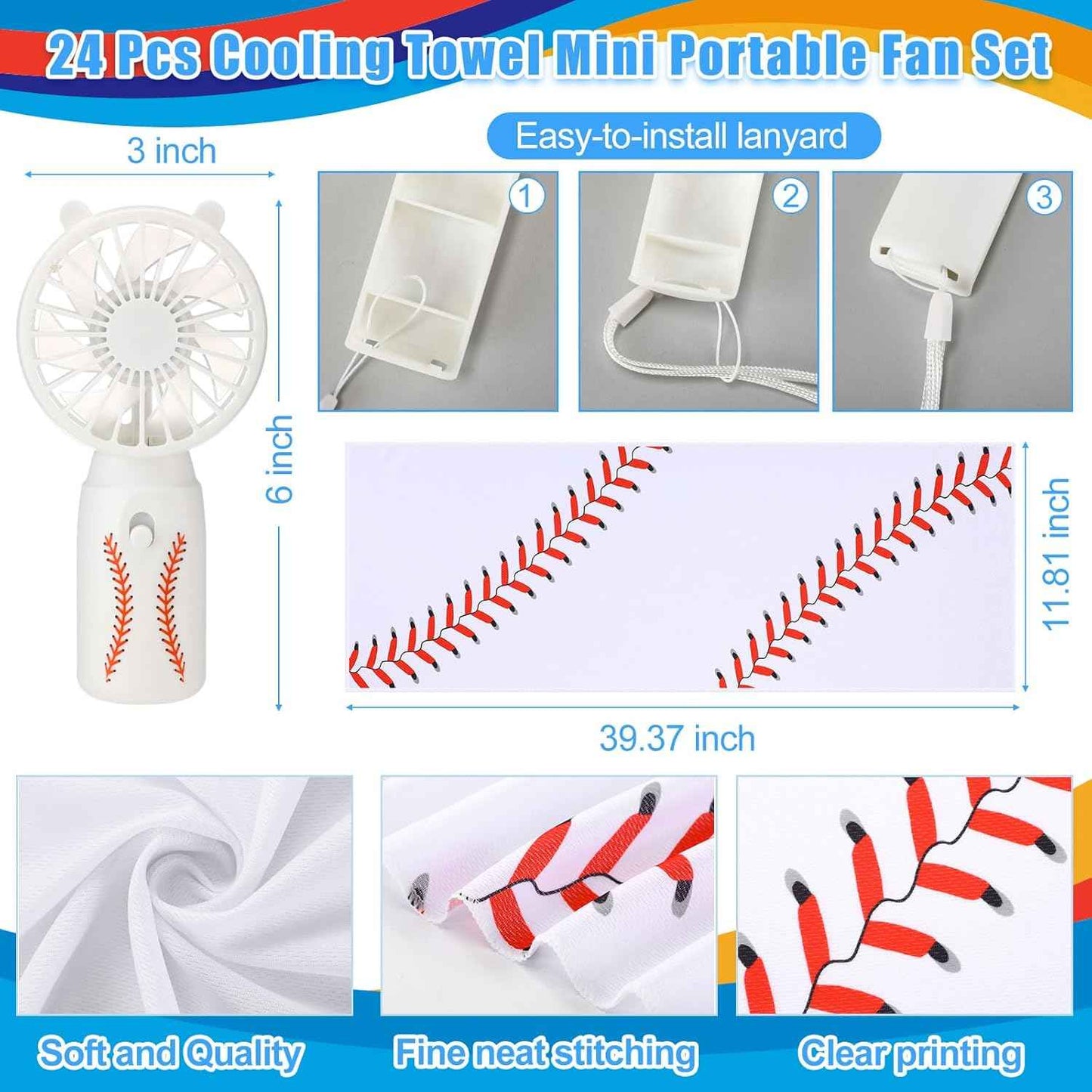 Glooglitter 24 Pcs Baseball Cooling Towels and Fans Set Mini Handheld Fans Bulk 32 x 12 Inch Ice Towel Chilly Handheld Battery Powered Fan Sport Gifts for Summer Team Gift Travel Camping Makeup Yoga