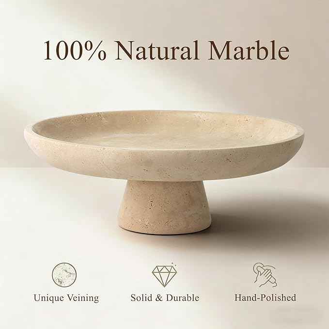 YMXYJM Natural Marble Pedestal Fruit Bowl, Large Decorative Bowl for Kitchen Counter/Living Room/Dining Table/Entryway, Beige