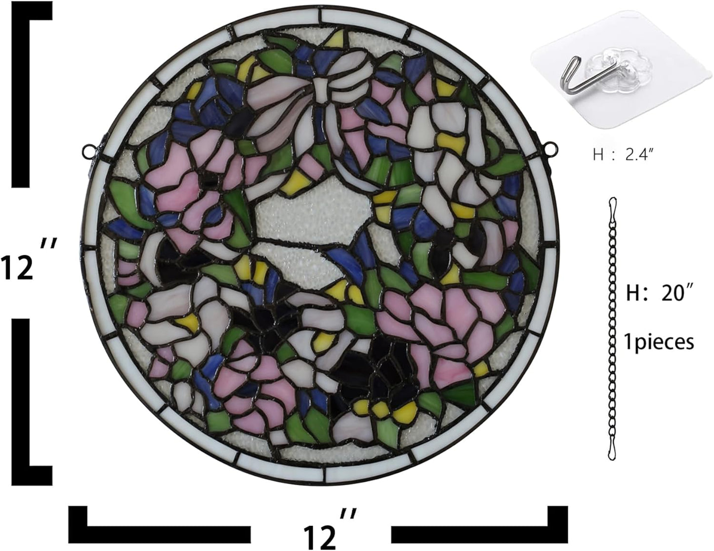 Handcrafted Stained Glass Window Panel - 12-Inch Round Floral Design with Vibrant Colors, Elegant Decorative Hanging Art for Home Décor, Includes 20-Inch Chain & Hook (Pink Iris)