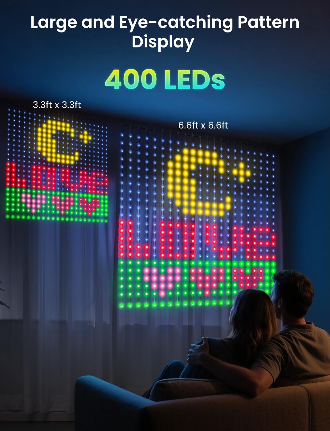 Smart LED Curtain Lights, RGB+IC Color Changing Holiday Wall Lights, 3.3x3.3ft 400 LEDs, Indoor Dynamic DIY String Lights, APP Remote Control, for Bedroom, Living Room, Window Decor, Party, Wedding