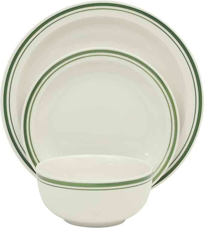 Gibson Home Hometown Diner 12-Piece Porcelain Dinnerware Set, Round Plates and Bowls Set for 4, White with Green Rim, Dishwasher Safe – Dinner Plate, Salad Plate & Cereal Bowl