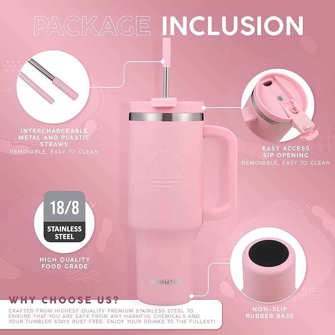 FAHRMOSIS 40 Oz Tumbler with Handle and Straw Insulated Cup that Fits in Cup Holder for Hot & Cold Drinks Leak Proof Tumbler with Straw Stainless Steel Travel Mug for Men & Women - Pink