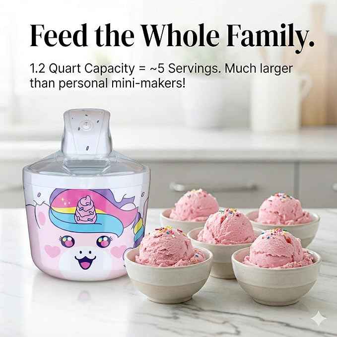 Cooler Concepts 1.2 Qt Unicorn Electric Ice Cream Maker for Kids - Best Countertop Ice Cream Machine for Homemade Soft Serve, Sorbet, Gelato, Frozen Yogurt - Fun Desserts for Families, Easy to Clean