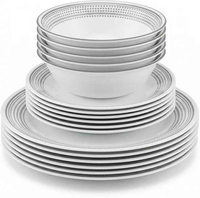 Corelle Vitrelle 18-Piece Service for 6 Dinnerware Set Triple Layer Glass and Chip Resistant, Lightweight Round Plates and Bowls Set, Mystic Gray