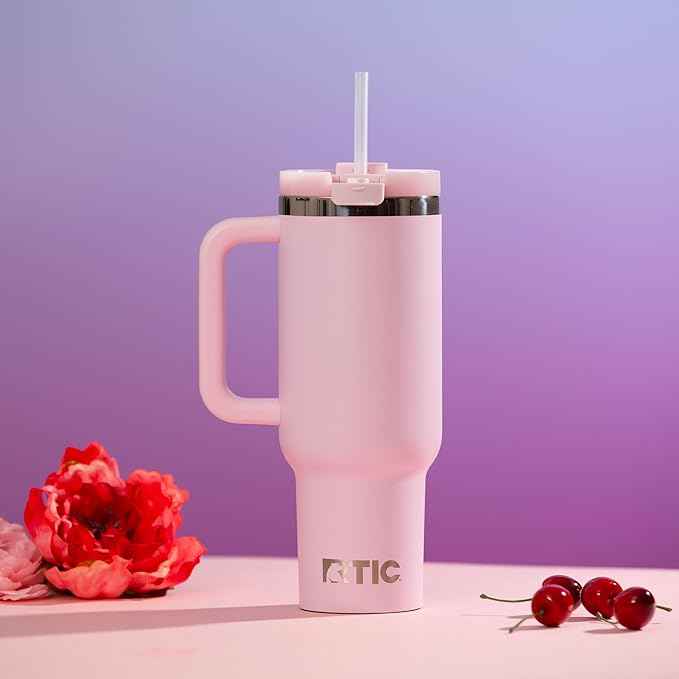 RTIC 40 oz Road Trip Tumbler Double-Walled Cermaic Lined Insulated Stainless Steel Portable Travel Coffee Mug Cup with Lid, Handle and Straw, Pale Pink