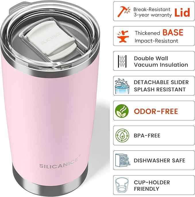 20oz Hygienic Stainless Steel Vacuum Insulated Tumbler w/ Easy-On/Easy-Off Lid - Removable slider, Double Wall 18/8 Travel Mug, BPA-Free, Fits Cup Holders, Premium Quality, Smart Value - Pink Sand