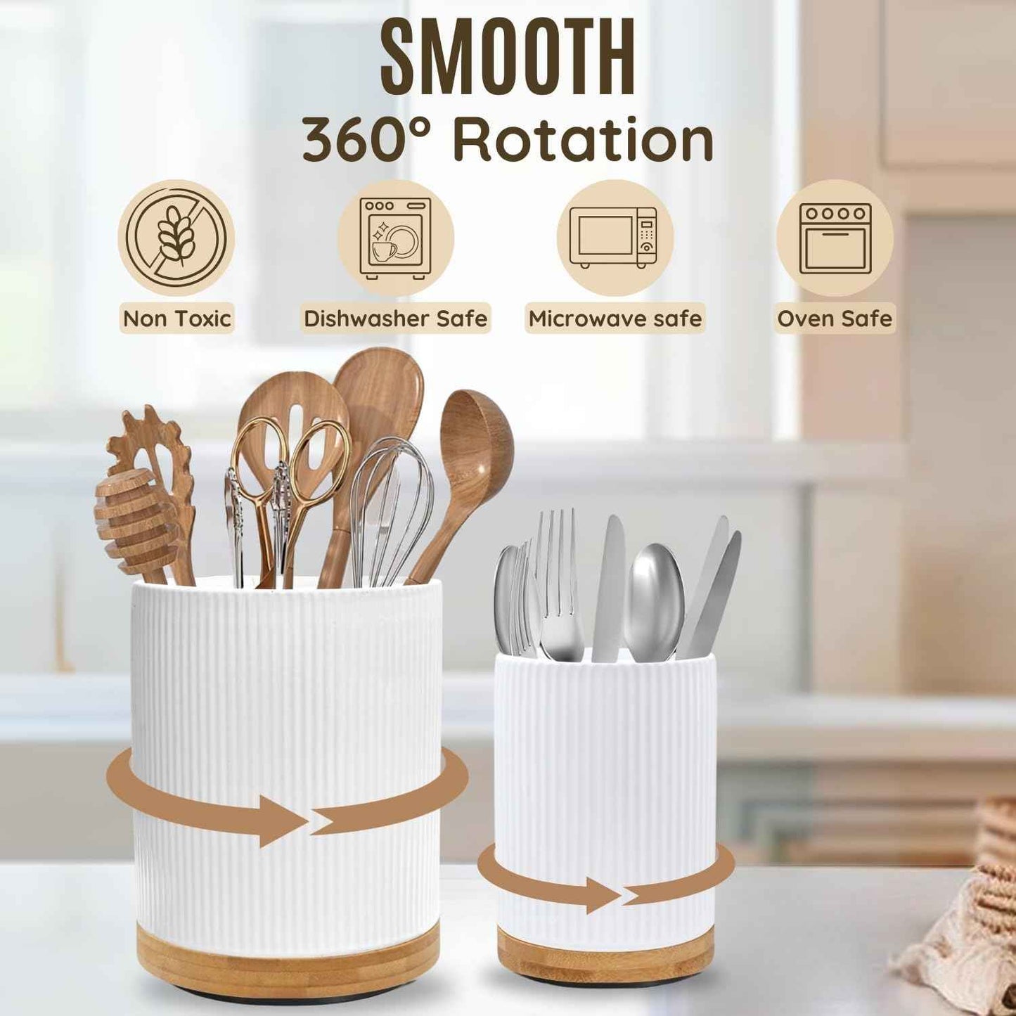 2 Pack Ceramic Utensil Holder, 7.3"+5.4" Large kitchen utensils holder for Countertop, 360° Rotating Cooking Utensil Crock for Kitchen Counter with Detachable Wooden Base, Kitchen Décor
