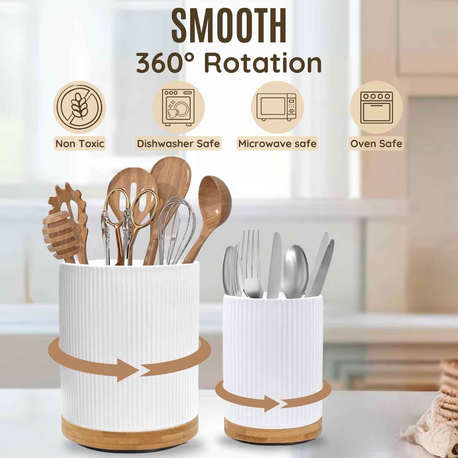 2 Pack Ceramic Utensil Holder, 7.3"+5.4" Large kitchen utensils holder for Countertop, 360° Rotating Cooking Utensil Crock for Kitchen Counter with Detachable Wooden Base, Kitchen Décor