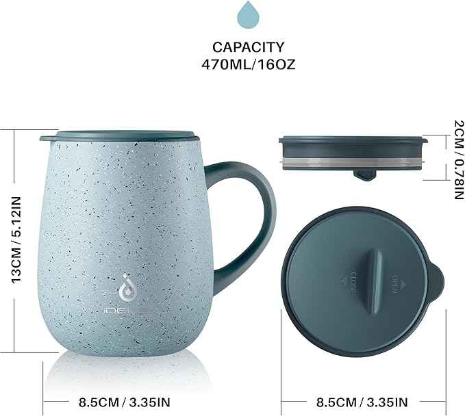 Ideus 16 oz Insulated Coffee Mug with Handle and Lid, Double Wall Stainless Steel Vacuum Thermal Coffee Mug, Travel Coffee Cup Thermal Cup for Home and Office, Eggshell Blue