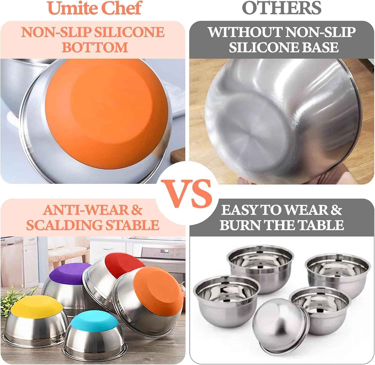 Umite Chef Mixing Bowls with Airtight Lids Set, 8PCS Stainless Steel Nesting Bowls Set, 3 Grater Attachments & Non-Slip Bottoms, Size 5, 4, 3.5, 2, 1.5QT for Baking & Mixing(Colorful)