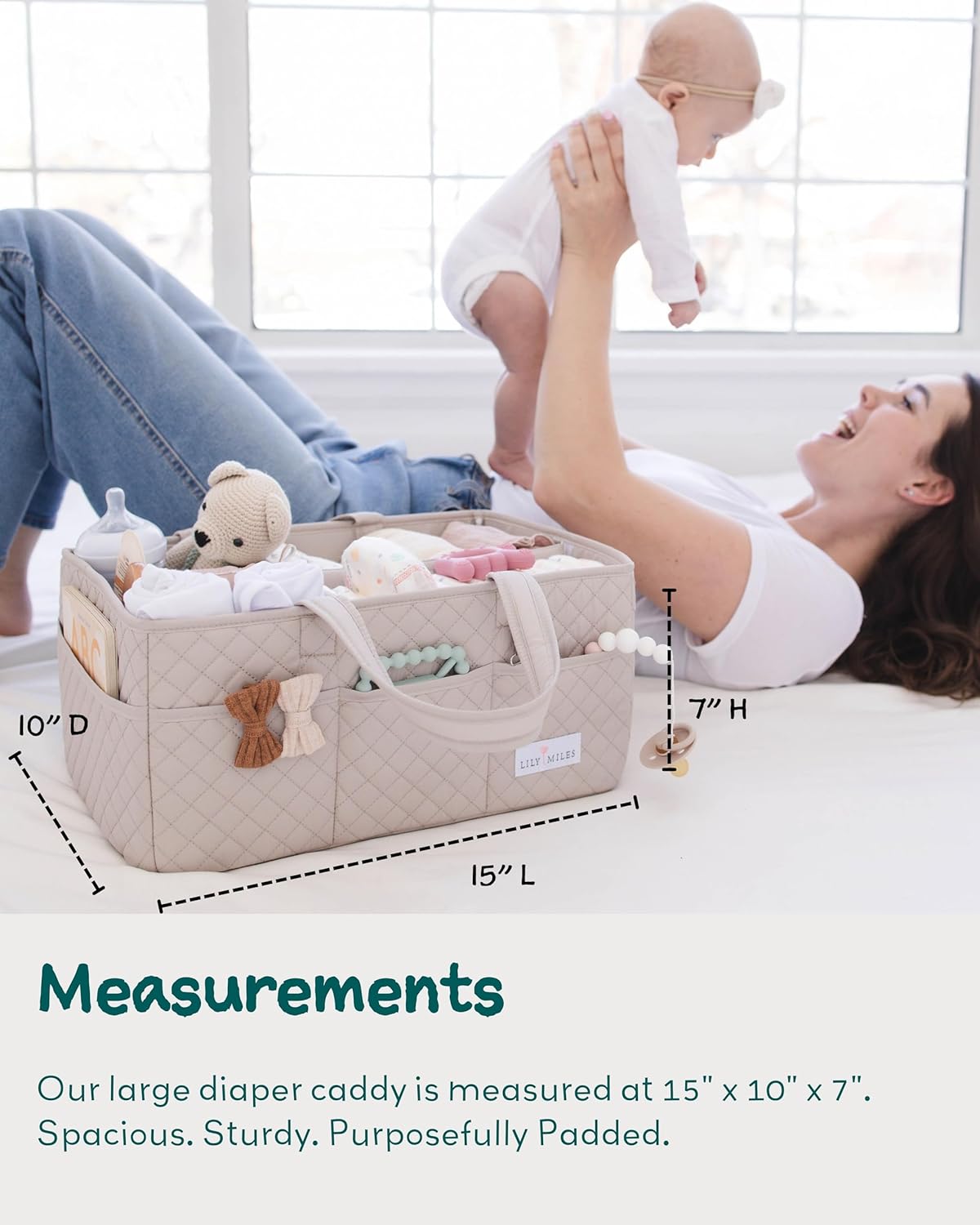 Lily Miles Baby Diaper Caddy Organizer, Quilted Nursery Storage Organizer for Newborn Essentials and Diaper Changing Station, Gift for Baby Shower and Registry Must-Have (Soft Sand)
