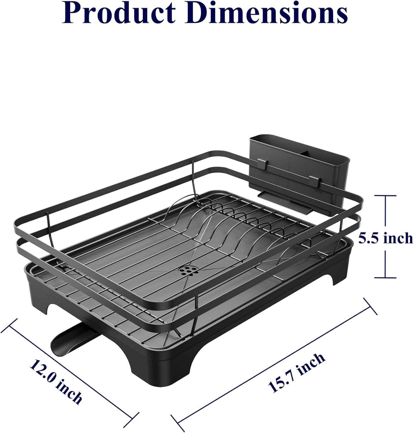 Kitsure Dish Drying Rack - Multi-Functional Dish Rack for Kitchen Counter with Cutlery Holder, Rust-Proof Storage Solution with Rotatable, 15.7" x 12.0" x 5.5", Black