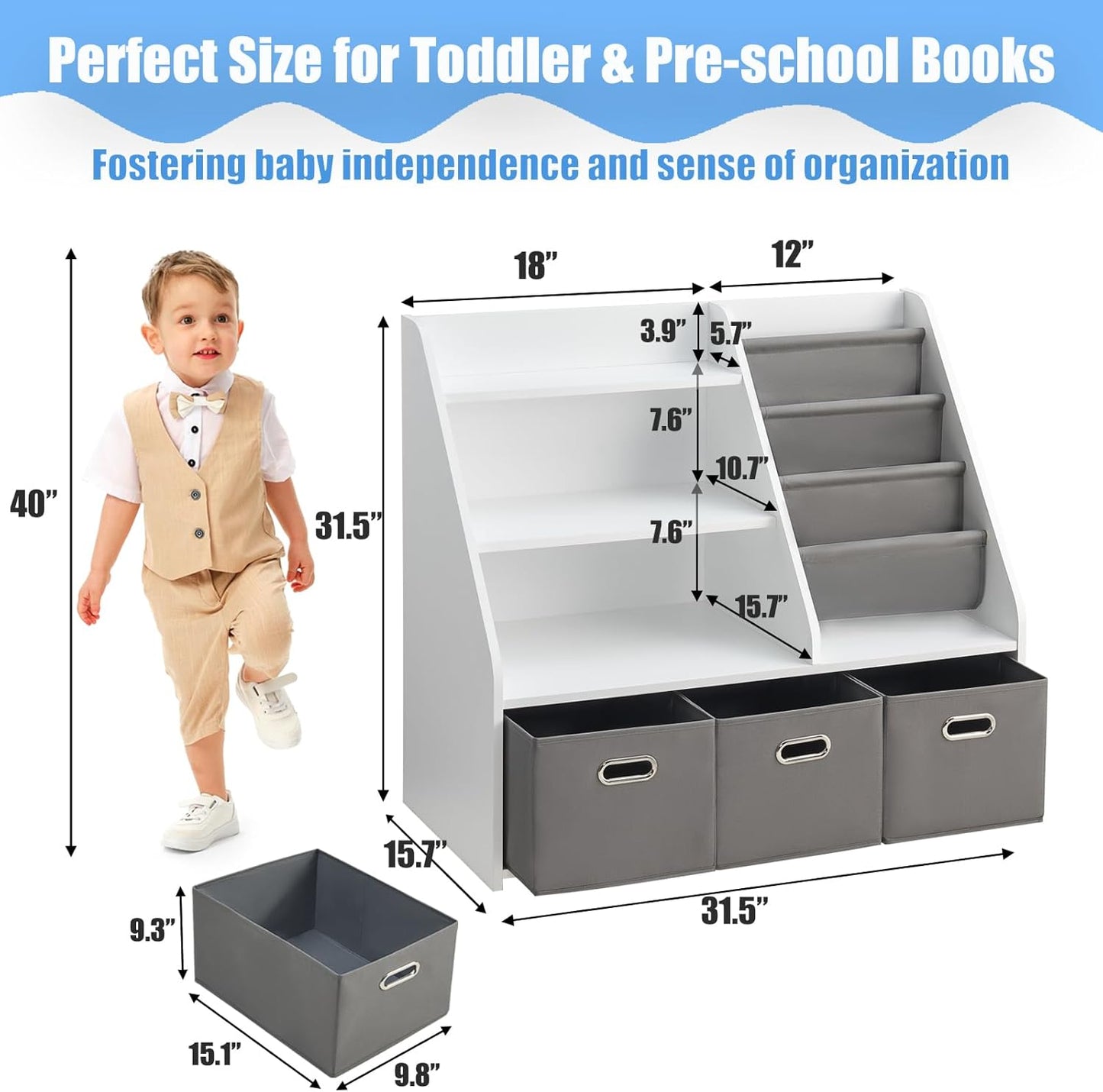 Wood Kids Bookshelf, Toy Organizer with Bookshelf, Montessori Toy Shelf W/Sling Rack & Fabric Toy Bins, Toy Storage Organizer for Toddler Children, Wooden Book Shelf for Kids Room Playroom