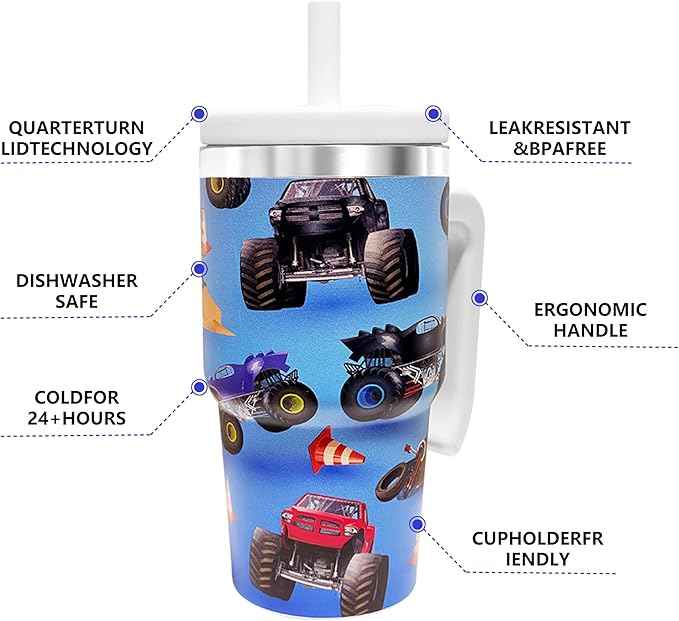 2PCS 20-OZ Insulated Water Bottle,Insulated Stainless Steel Tumbler,Reusable Cold Drink Thermos,BPA-Free, Double-Wall Stainless Steel Water Bottle (Light blue-Monster trucks, 20, Fluid Ounces)