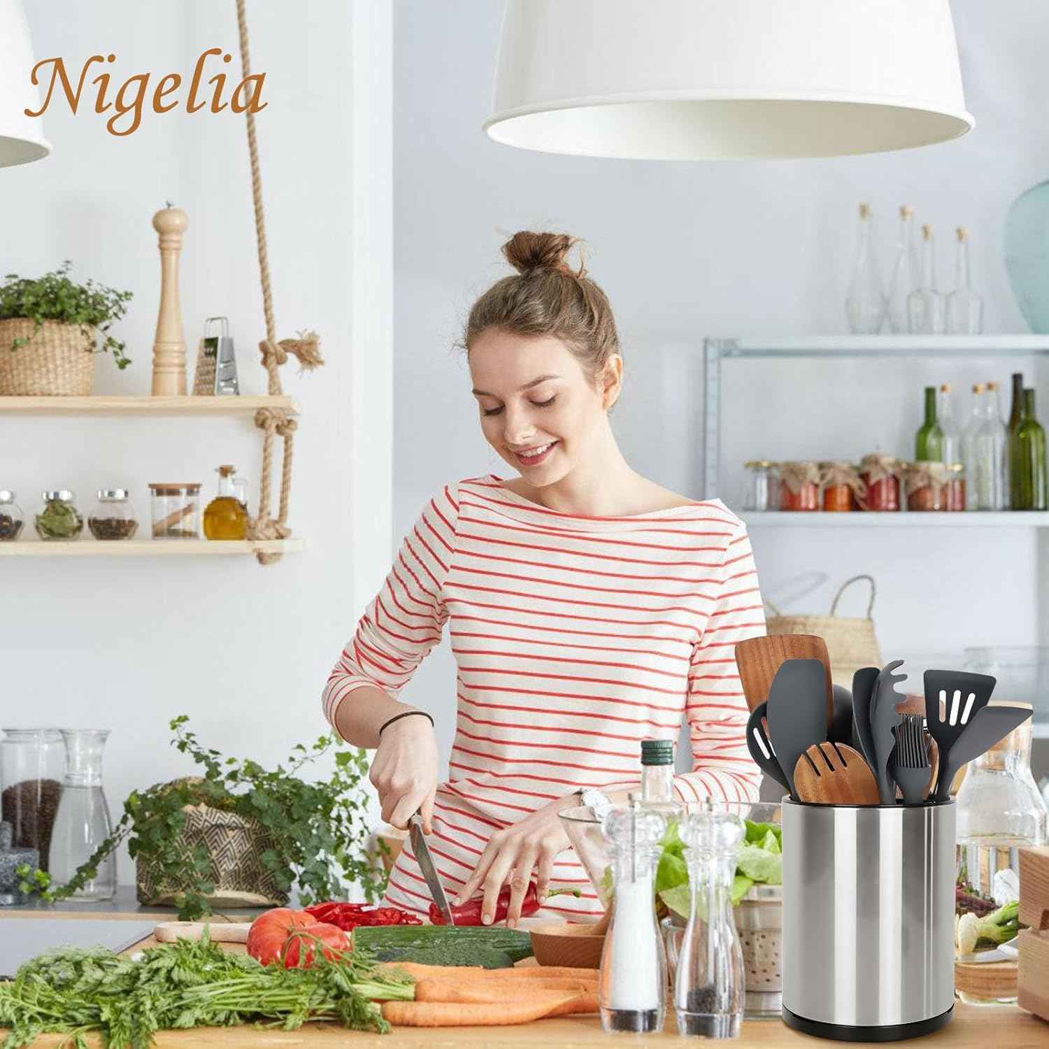 Nigelia Extra Large Kitchen Utensil Holder, 360° Rotating Stainless Steel Cooking Utensil Holder for Countertop, 3 Compartment Flatware Organizer & Cooking Caddy with Removable Base（Silvery）