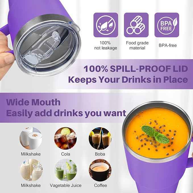 30 oz Stainless Steel Insulated Tumbler with Handle, Lid and Straw, Double Wall Vacuum Insulated Coffee Mug, Insulated Coffee Thermal Cup for Cold and Hot (Purple)