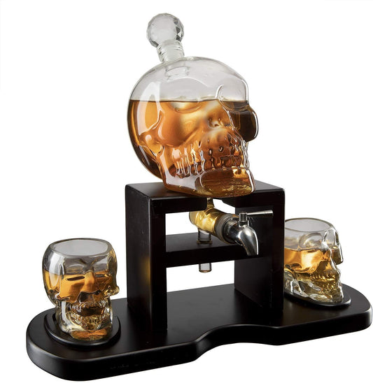 Skull Skeleton Wine & Whiskey Decanter Set 750mL with 2 Skull Shot Glasses 3oz | Gothic Skeleton Barware on Mahogany Wooden Base with Spigot | Spooky Halloween Decor Drinkware & Unique Goth Gift Idea