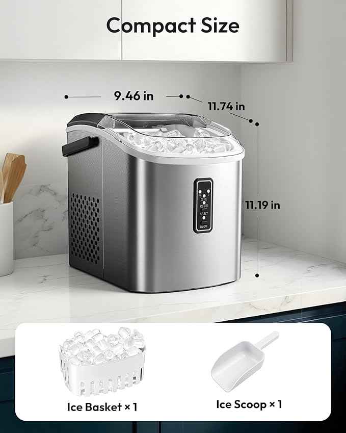 EUHOMY Ice Maker Countertop, 9 Cubes Ready in 6 Mins, 26lbs/24H, Self-Cleaning, Portable Ice Maker Machine with Carry Handle, Basket and Scoop, 2 Sizes of Bullet Ice for Home, Kitchen, Office